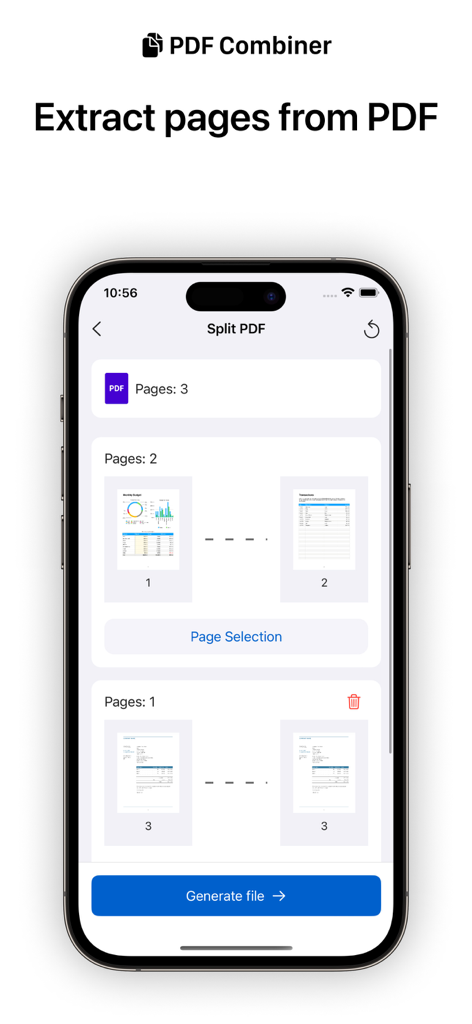 PDF Merger | Merge & Split It - Pantalla de un teléfono móvil que muestra la función de división de PDF con opciones para seleccionar y extraer páginas específicas de un documento