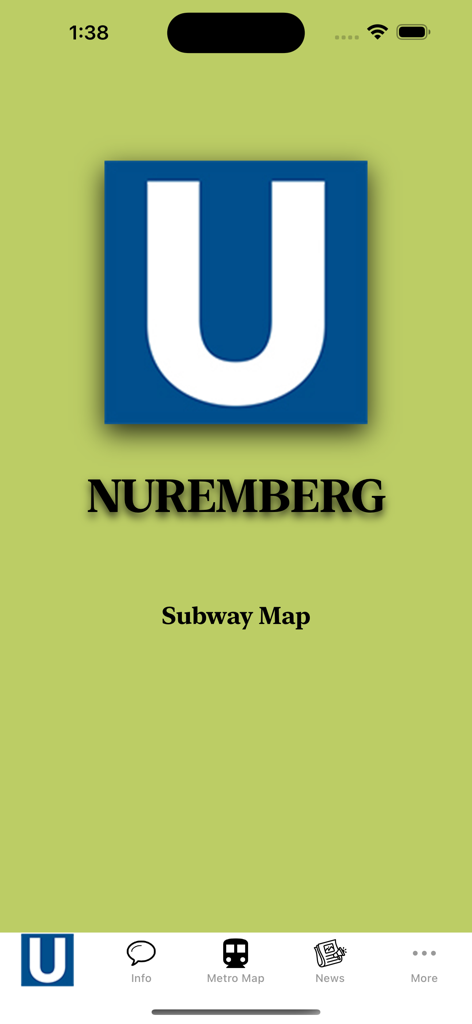 Nuremberg Subway Map - Der Startbildschirm der Nürnberg U-Bahn-Map-App mit einem blauen U-Bahn-Logo auf grünem Hintergrund.