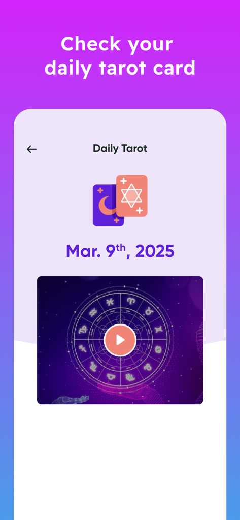 Screenshot of the Daily Tarot feature in the Psychic Vision app showing tarot card icons and a zodiac wheel video player