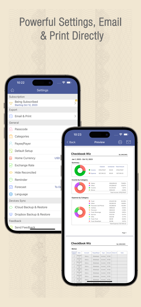 Checkbook Wiz app settings menu and financial report preview with charts