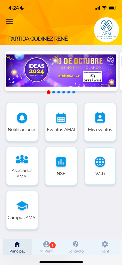 El panel principal de la aplicación móvil AMAI Mexico que muestra iconos para eventos, asociados y recursos de inteligencia de mercado.