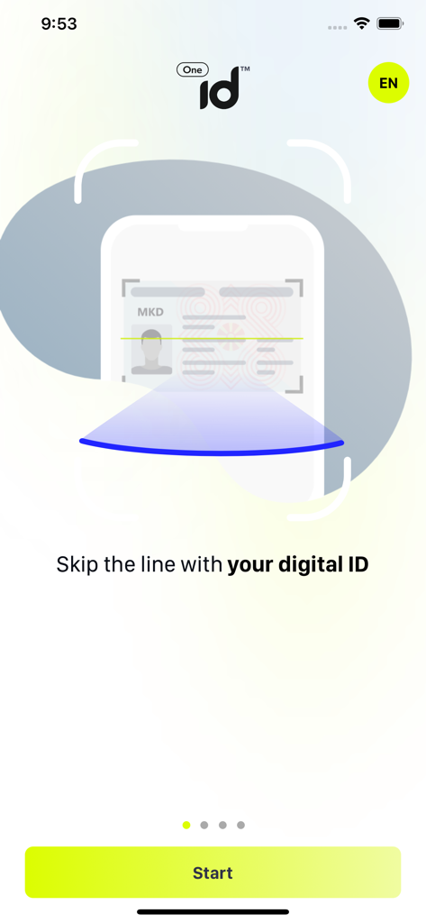 OneID - OneID app onboarding screen featuring a smartphone scanning an identity document with the tagline Skip the line with your digital ID
