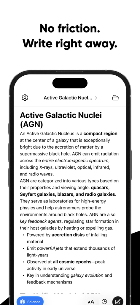 Brain Dump: Notes & Writing - Brain Dump app minimalist note taking interface on an iPhone showing scientific notes