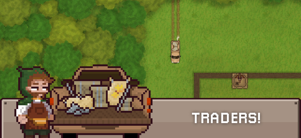Un personaje comerciante de pixel art de pie junto a un camión lleno de suministros en Final Outpost Definitive
