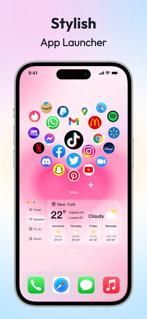 A pink aesthetic iPhone home screen featuring an app launcher with icons arranged in a heart shape and a weather widget