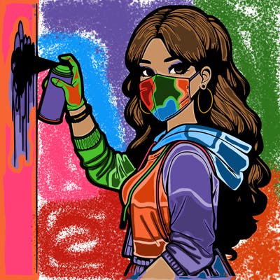 realistic girl with mask spray painting a wall