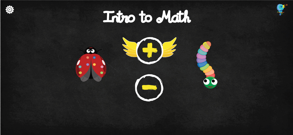 Montessori Math Learning Games - Intro to Math game menu with a ladybug plus and minus signs and a colorful caterpillar