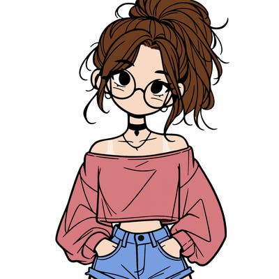 girl with a messy ponytail glasses a baggy crop top and jean shorts