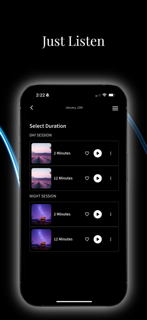 The Evolutioner app interface showing a list of 2 and 12 minute sound frequency sessions for morning and night.