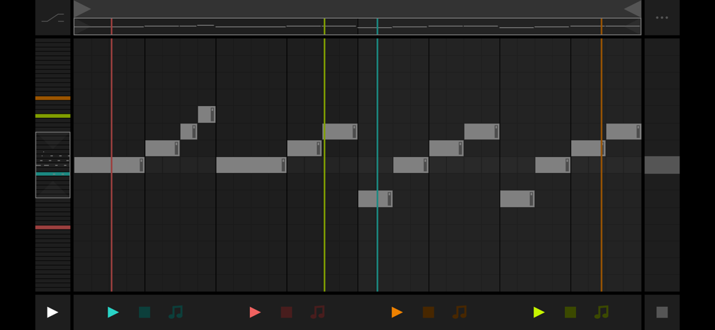 Fugue Machine MIDI sequencer interface showing a dark minimalist piano roll with four colorful playheads