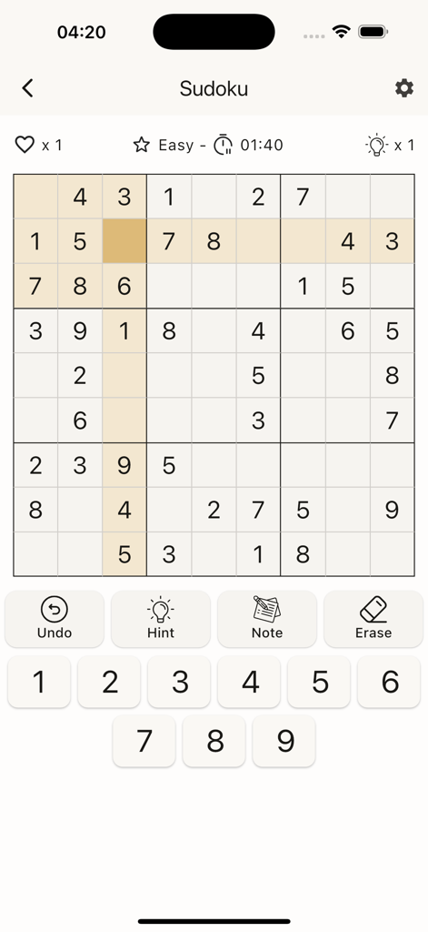 A clean and ad-free interface of an easy Sudoku puzzle game featuring a minimalist design and light theme