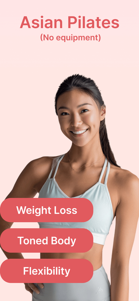 Asian pilates: Pilates at Home - A smiling woman in fitness apparel promoting Asian Pilates for weight loss toned body and flexibility with no equipment