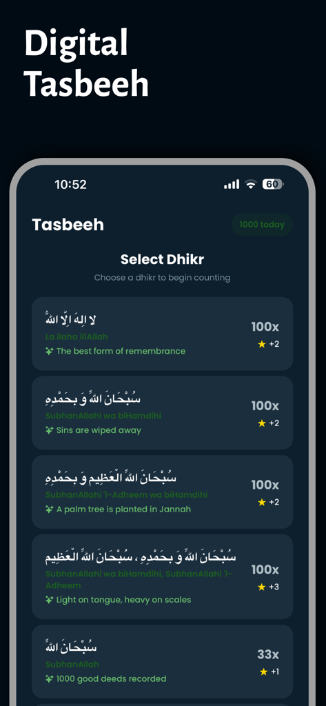 Recurso Digital Tasbeeh no aplicativo Desafio do Ramadã, mostrando uma lista de opções de dhikr com contagem diária e recompensas espirituais
