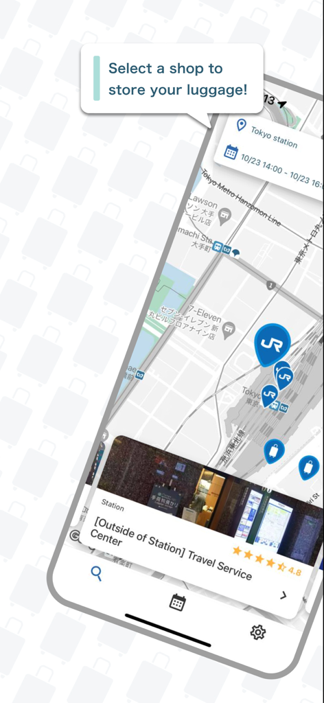 ecbo cloak - Luggage Storage - Interfaccia mappa dell'app ecbo cloak che mostra le posizioni disponibili per il deposito bagagli vicino alla stazione di Tokyo