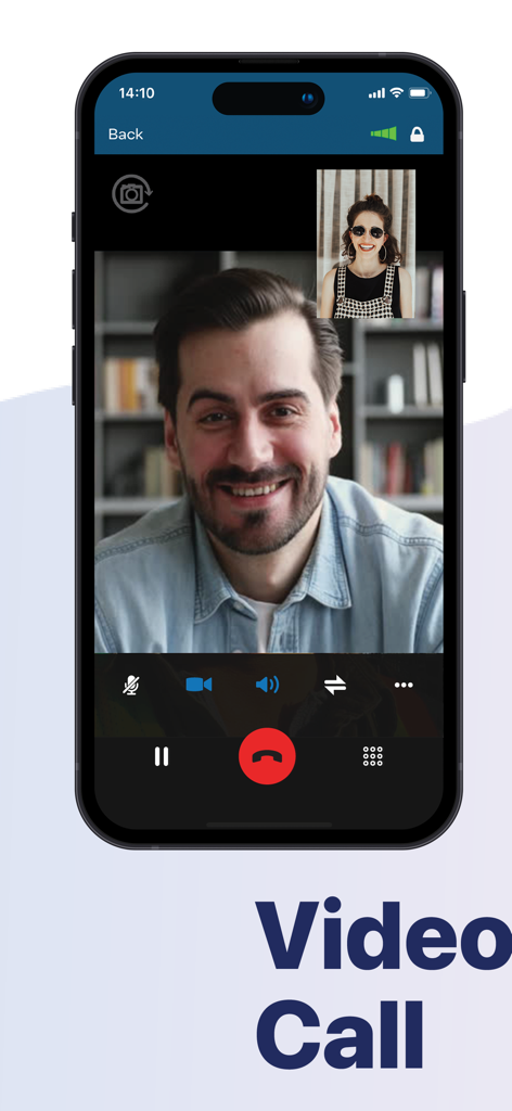 Deltapath Mobile - Deltapath Mobile app showing a professional video call interface on an iPhone with active participants and call management controls