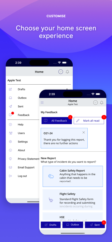 Rolls-Royce SMS Mobile app interface showing home screen customization and safety report options