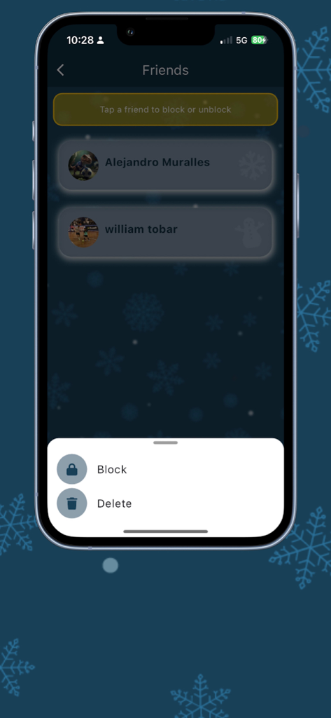 Invisible Friend - Interface showing the friends list in the Invisible Friend app with options to block or delete contacts.