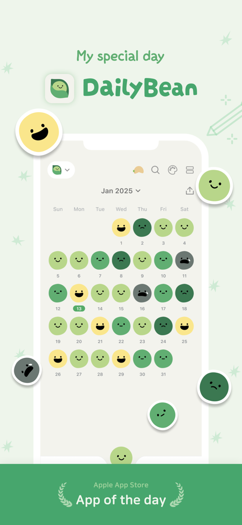 DailyBean - simplest journal - DailyBean app interface displaying a monthly mood calendar with colorful bean icons representing daily emotions.