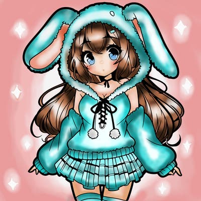 pretty anime girl wearing a fluffy hoodie with bunny ears on the hood and a skirt