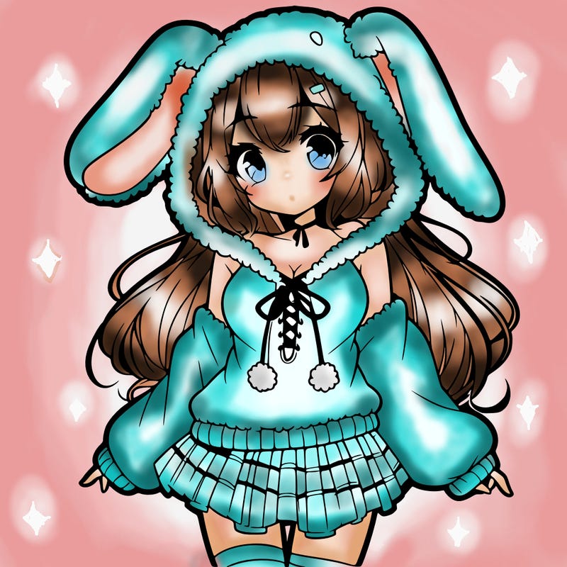 pretty anime girl wearing a fluffy hoodie with bunny ears on the hood and a skirt