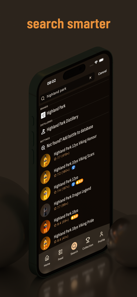 Drammer whisky app - Drammer app search screen showing Highland Park whisky bottle ratings and distillery info.