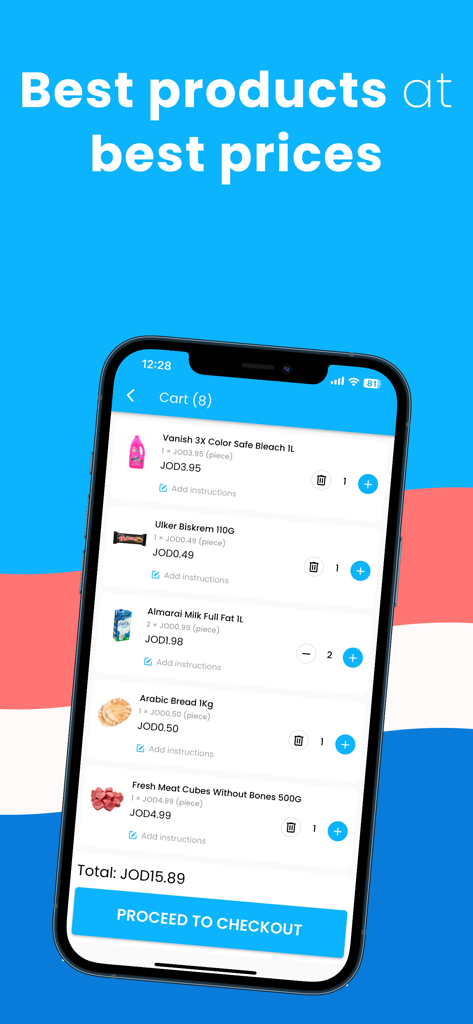 Interface do aplicativo JET Groceries mostrando uma lista de itens de mercearia em um carrinho de compras digital com um botão para prosseguir para o checkout