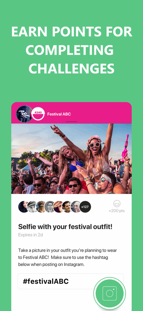 SocialLadder app interface showing an ambassador challenge to earn points by posting a festival outfit selfie with a hashtag