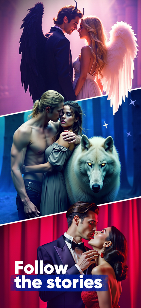 Collage of romantic fantasy and drama scenes including an angel and devil couple and a werewolf story