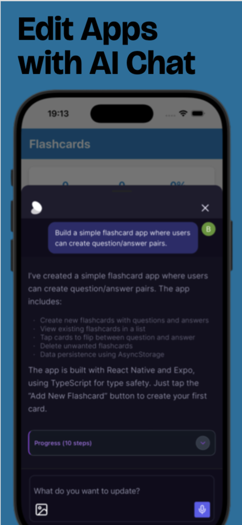 Oberfläche der Bfloat Go App, die zeigt, wie eine Flashcard-Anwendung mithilfe von KI-Chatbefehlen bearbeitet und erstellt wird