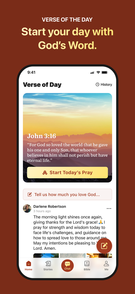Bible Vod: Find God's Guidance - Bible Vod app screen displaying the Verse of the Day John 3 16 and a community faith feed with a shared prayer from a user
