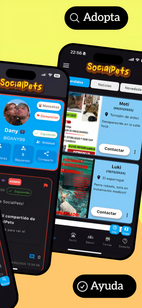 Oberfläche der SocialPets-App, die ein Benutzerprofil und einen Feed mit verlorenen Haustieren mit Standortdetails und Kontaktmöglichkeiten anzeigt.