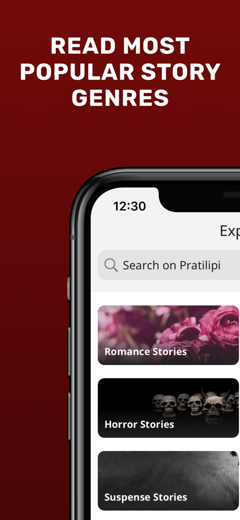 Pratilipi - Books and Stories - Pratilipiアプリの画面に、ロマンス、ホラー、サスペンスなどの人気のストーリーカテゴリが表示されている