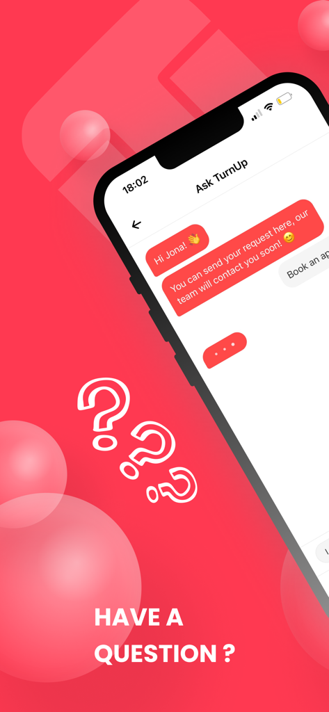 TurnUp World - Interfaz del asistente de IA Ask TurnUp que muestra un chat para soporte en la reserva de citas médicas