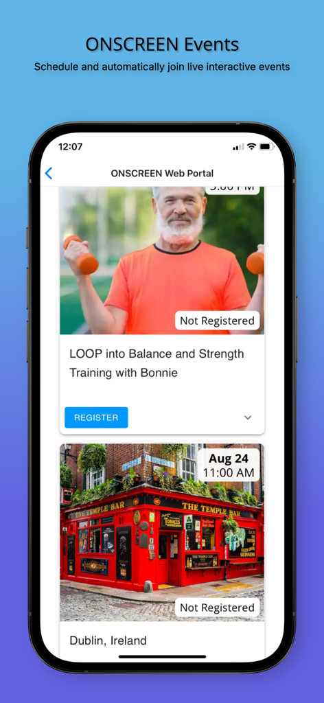 ONSCREEN Family - Senior Care - ONSCREEN app interface showing interactive events for seniors such as balance training and virtual tours