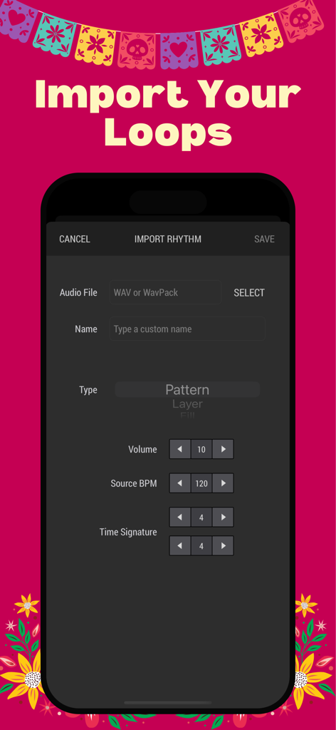 Interface of the Latin Beats app for importing custom audio loops and setting rhythm parameters like BPM and time signature.