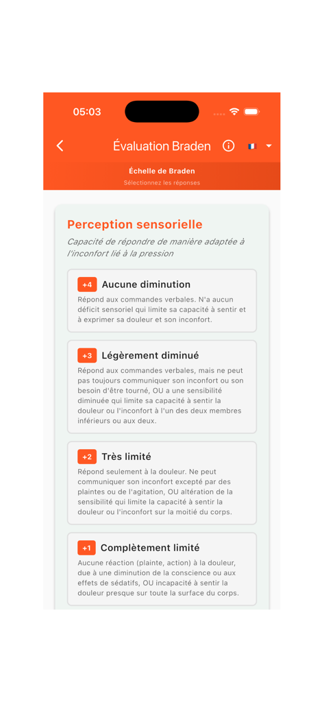 MedScales Pro - Interfaz de la aplicación móvil MedScales Pro que muestra la evaluación de la Escala de Braden para la percepción sensorial en francés.