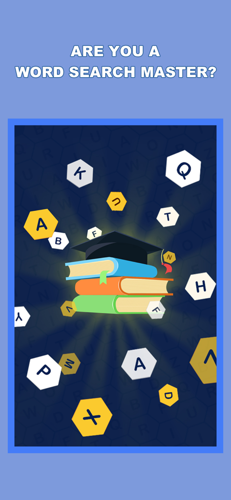 A stack of books with a graduation cap surrounded by hexagonal letter tiles for a brain training word search game