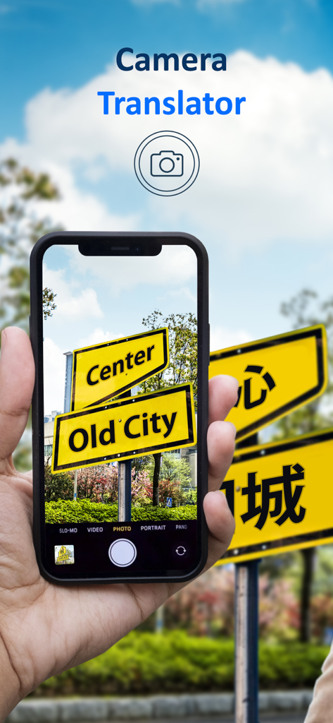 Une main tenant un téléphone utilisant l'application AI Translator pour traduire des panneaux de rue étrangers en français