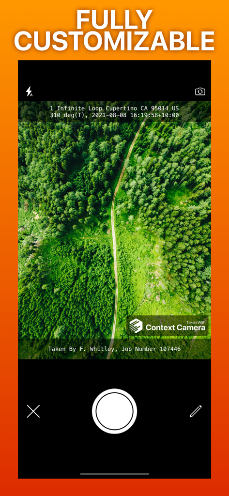 Context Camera - Context Camera app screen showing a photo with custom data stamps including location time and job number