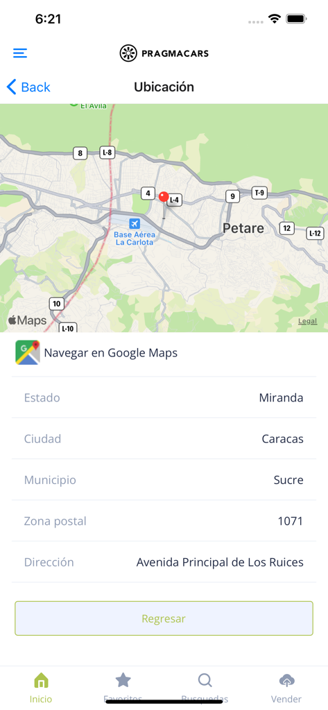 Pragmacars - Pragmacars app screen displaying car dealership location map and address in Spanish