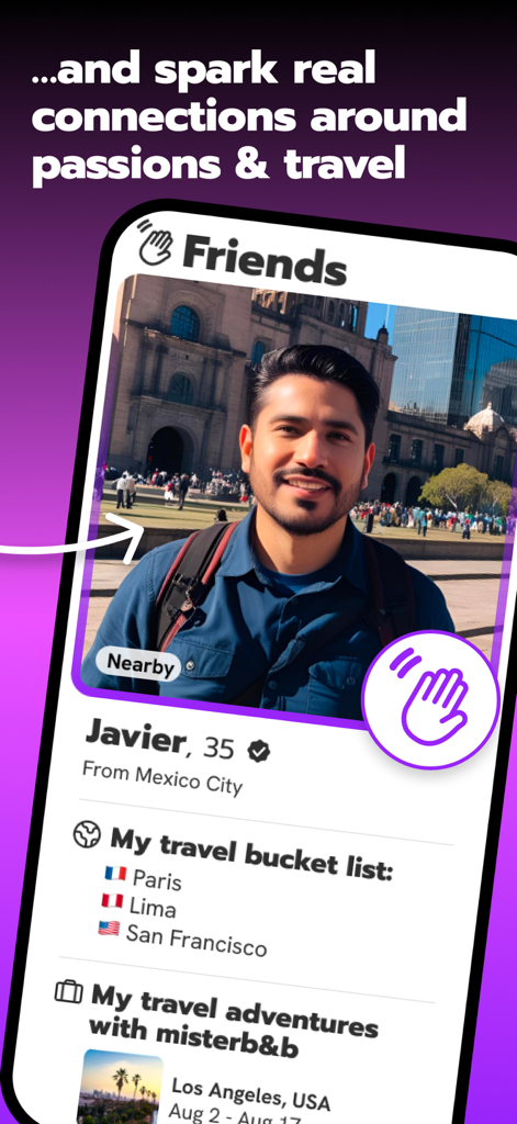 A gay social and travel app profile showing user interests and travel bucket lists