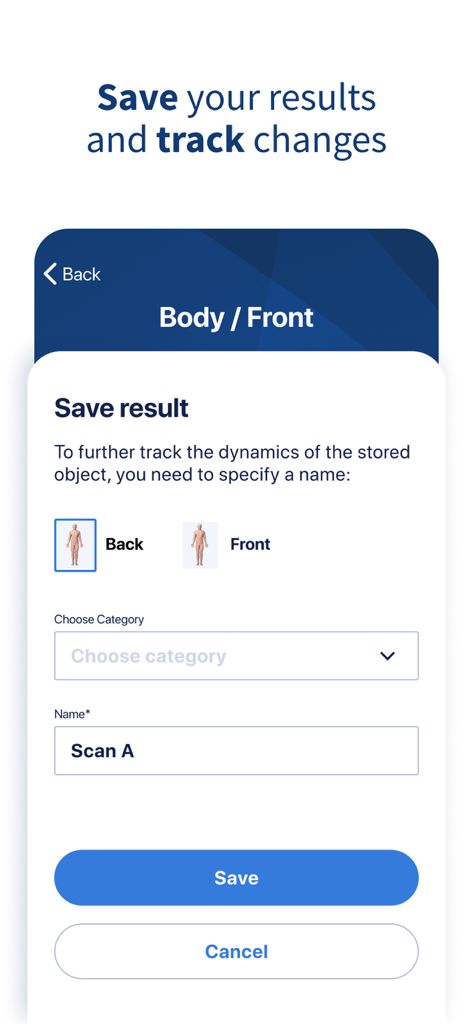 Interfaccia utente per salvare e nominare il risultato di una scansione cutanea con opzioni di mappatura corporea nell'app AI Dermatologist