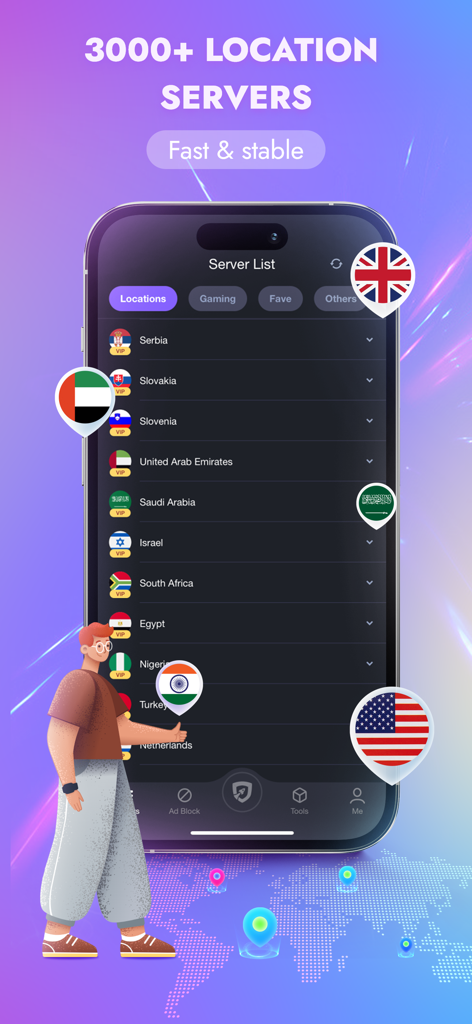 Interface d'iTop VPN montrant une liste de plus de 3000 emplacements de serveurs mondiaux rapides et stables.