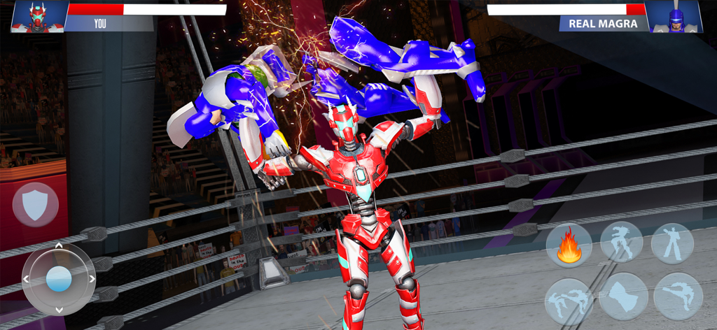 Real Robot Boxing : Macarena - A red and white robot performs a powerful wrestling slam on a blue opponent in a 3D boxing ring