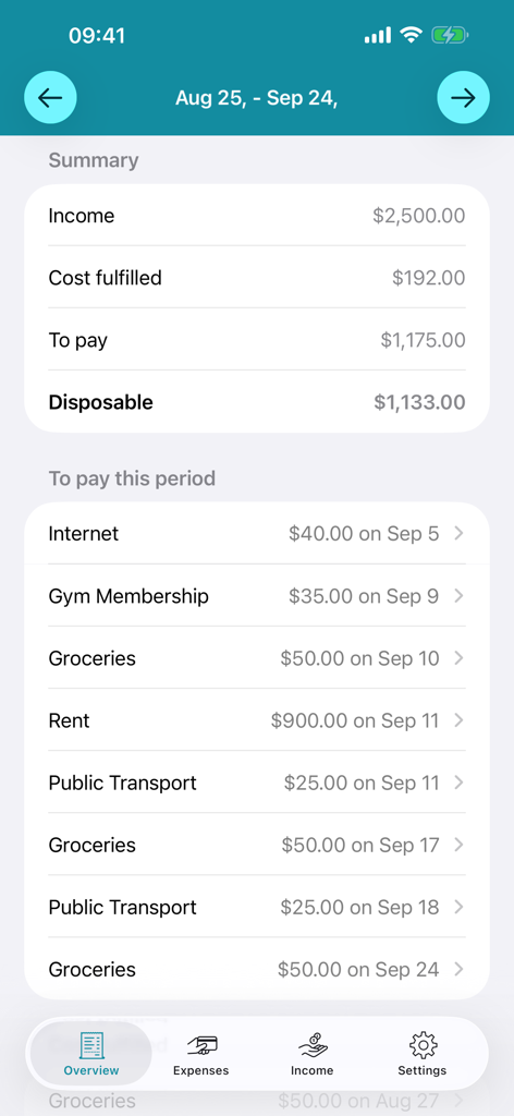 Dashboard of a budgeting app showing monthly income and a list of upcoming expenses.