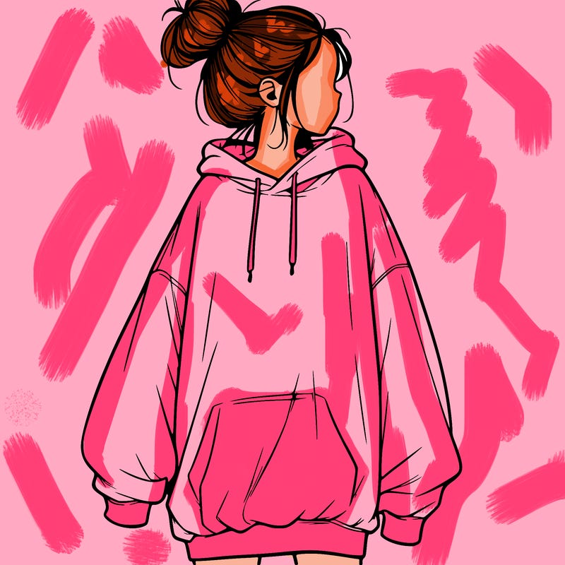 realistic girl with a oversized sweatshirt on and a bun