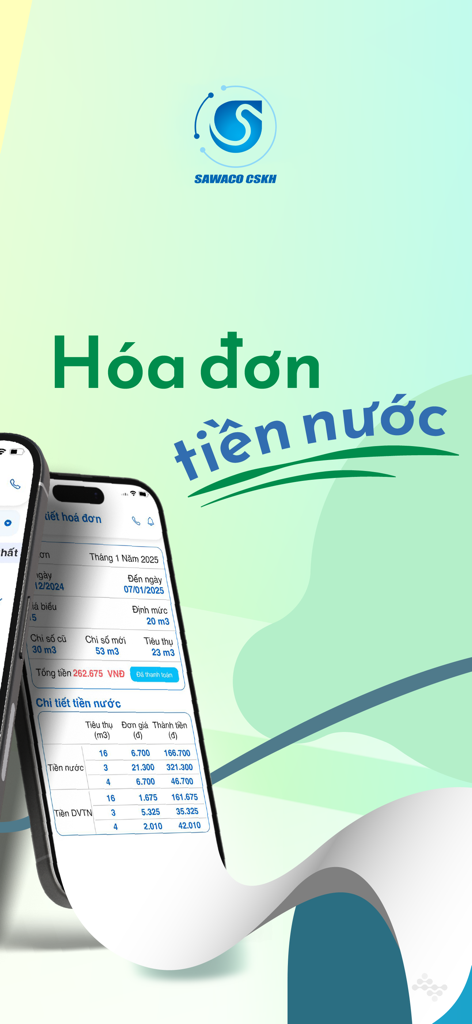 Una captura de pantalla móvil de la aplicación SAWACO CSKH que muestra una factura de agua detallada con información de consumo y precios