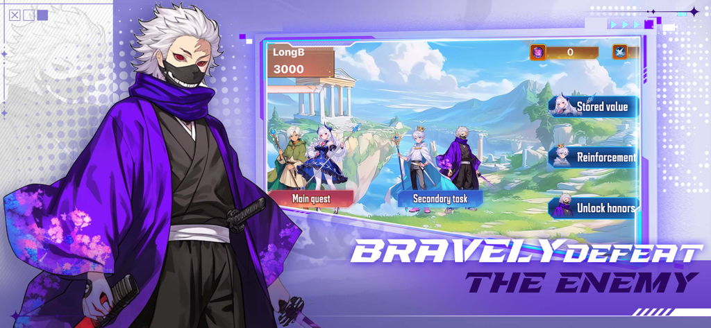 Anime samurai character in purple kimono next to Forestia Legends game menu and fantasy landscape.