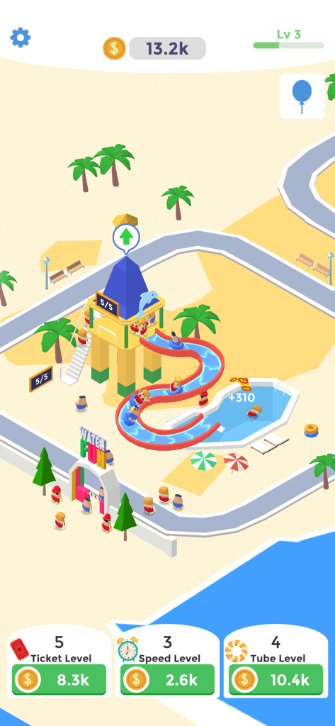 Idle AquaPark - Jogabilidade de Idle AquaPark apresentando um toboágua e interface de gerenciamento