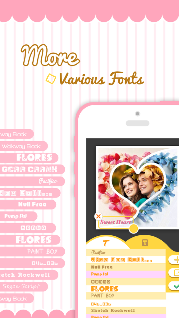 Pic-Frame Grid (Photo Collage Maker and Editor) - Pic-Frame Grid app interface showing a list of various font styles to add captions to photo collages